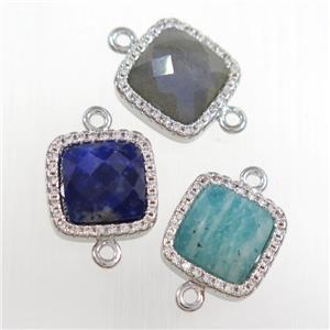 mix gemstone square connector pave zircon, platinum plated, approx 12x12mm