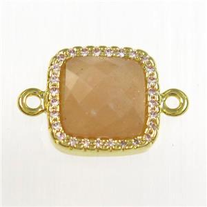 peach Moonstone square connector pave zircon, gold plated, approx 12x12mm
