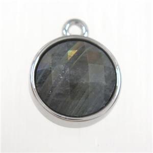 Labradorite circle pendant, platinum plated, approx 10mm dia