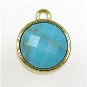 blue Turquoise circle pendant, gold plated, approx 10mm dia