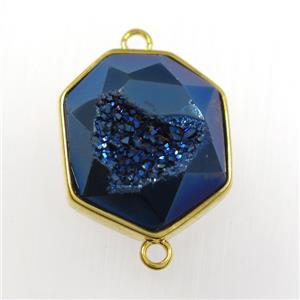 blue druzy agate connector, hexagon, gold plated, approx 17-20mm