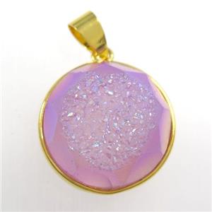 purple Druzy Agate circle pendant, approx 18mm dia
