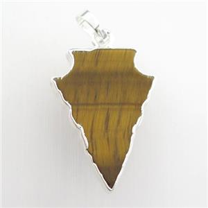 natural yellow Tiger eye stone pendant, arrowhead, silver plated, approx 15-20mm