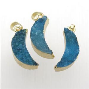 blue Quartz Druzy moon pendants, gold plated, approx 7-20mm