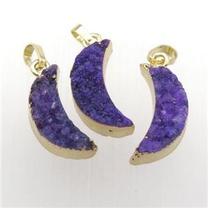 purple Quartz Druzy moon pendants, gold plated, approx 10-30mm