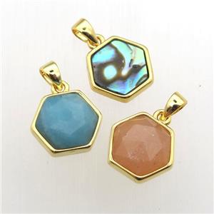 mixed Gemstone hexagon pendants, approx 11-12mm