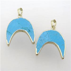 blue Turquoise crescent moon pendant, gold plated, approx 14-28mm