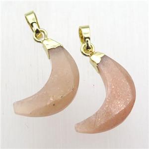 peach SunStone crescent moon pendant, gold plated, approx 5-18mm