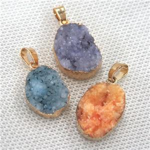 Quartz Druzy oval pendant, gold plated, mixed color, approx 15-20mm
