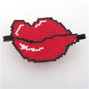 Handcraft lip connector with seed glass beads, red, approx 37-50mm