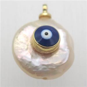 Natural pearl pendant with evil eye, approx 10-16mm