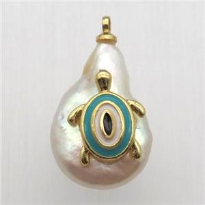 Natural pearl pendant with tortoise, approx 10-16mm