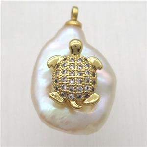 Natural pearl pendant with zircon, tortoise, approx 10-16mm