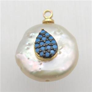 Natural pearl pendant with zircon, teardrop, approx 10-16mm