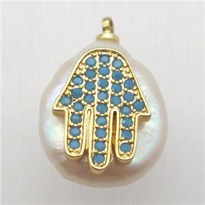 Natural pearl pendant with zircon, hamsahand, approx 10-16mm