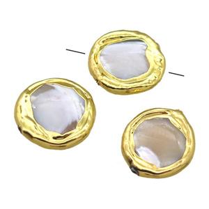 Mother of Pearl beads, circle, gold plated, approx 18mm dia