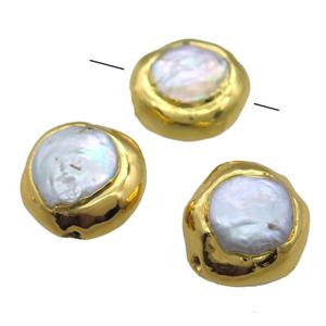 natural pearl beads, button, gold plated, approx 25mm