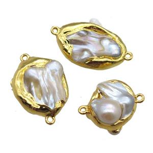 natural pearl connector, freeform, gold plated, approx 20-35mm