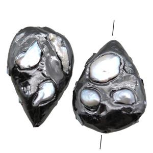 natural pearl beads, teardrop, black plated, approx 28-40mm