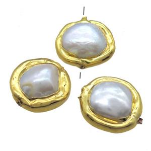 natural pearl beads, freeform, gold plated, approx 18mm dia