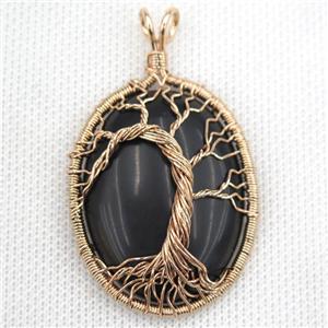 Black Onyx Oval Pendant Tree Of Life Wire Wrapped Rose Gold, approx 30x40mm