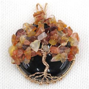 Black Onyx Coin Pendant With Carnelian Chips Tree Of Life Wire Wrapped Rose Gold, approx 40mm dia