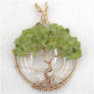 Clear Crystal Glass Coin Pendant With Peridot Chips Tree Of Life Wire Wrapped Rose Gold, approx 40mm dia