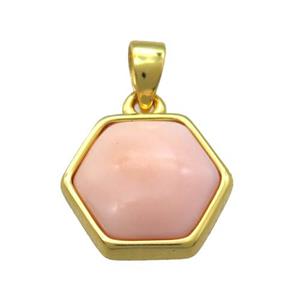 pink Queen Shell hexagon pendant, gold plated, approx 12mm
