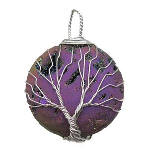 purple Agate Druzy circle pendant wire warpped tree of life, approx 32mm dia