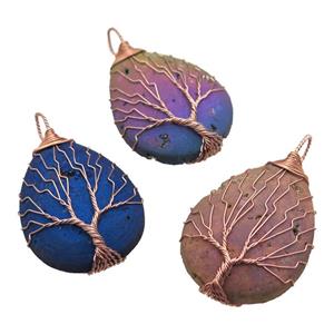 mixed Agate Druzy teardrop pendant with warpped tree of life, rose gold, approx 32-45mm