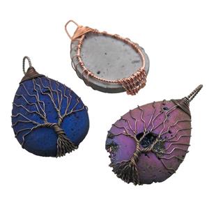Agate Druzy teardrop pendant wire warpped tree of life, mixed color, approx 32-45mm