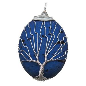 blue electroplated Agate Druzy oval pendant wire warpped tree of life, approx 32-45mm