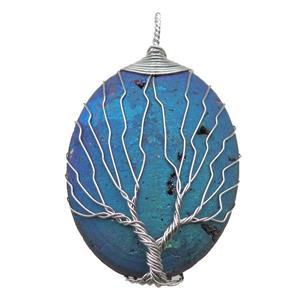 green electroplated Agate Druzy oval pendant wire warpped tree of life, approx 32-45mm