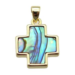 Abalone shell cross pendant, gold plated, approx 13x13mm
