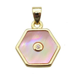 pink Queen Shell hexagon pendant, gold plated, approx 12mm dia