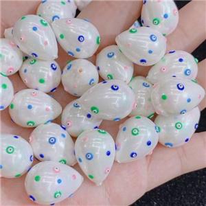 white Pearlized Shell teardrop beads with evil eye, approx 16-21mm