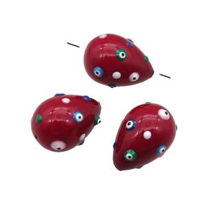 red Pearlized Shell teardrop beads with evil eye, approx 16-21mm