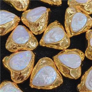 white Pearl beads, triangle, gold plated, approx 30mm