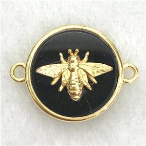 black onyx circle connector with honeybee, approx 15mm dia