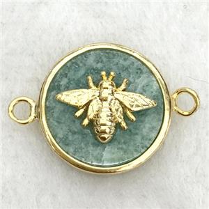 green Amazonite circle connector with honeybee, approx 15mm dia