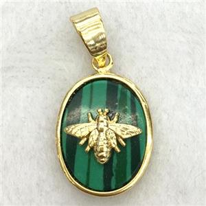 green Malachite oval pendant with honeybee, approx 14-18mm