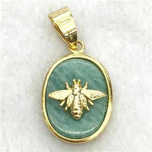 green Amazonite oval pendant with honeybee, approx 14-18mm