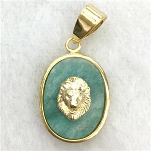 green amazonite oval pendant with lionhead, approx 14-18mm