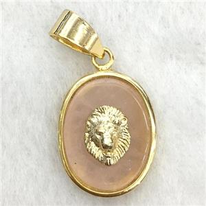 peach sunstone oval pendant with lionhead, approx 14-18mm