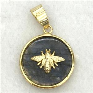 labradorite circle pendant with honeybee, approx 18mm dia