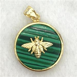 green malachite circle pendant with honeybee charm, approx 18mm dia