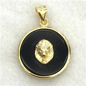 black onyx agate circle pendant with lionhead, approx 18mm dia
