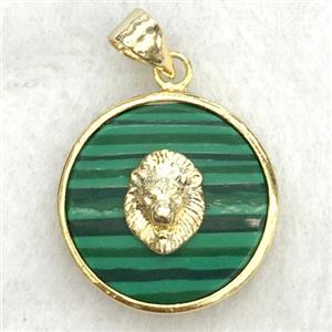 green malachite circle pendant with lionhead, approx 18mm dia