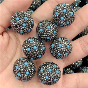 round Clay beads pave rhinestone with turquiose, approx 20mm dia