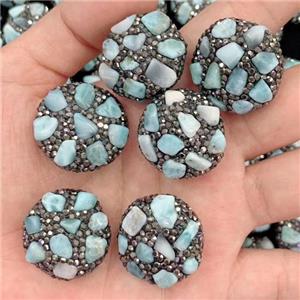 Clay coin beads pave rhinestone with larimar, approx 25mm dia